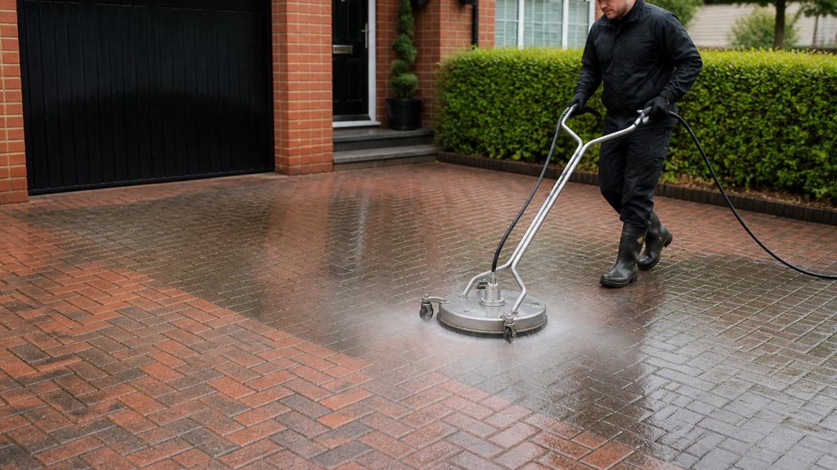 Professional using a rotary jet wash in Bolton to clean a block paved driveway efficiently.