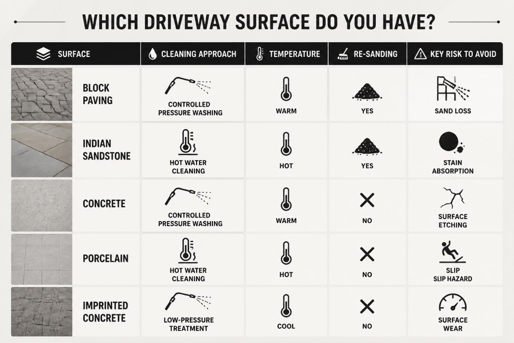 Decision matrix matching driveway surfaces (block paving, Indian sandstone, concrete, porcelain, imprinted concrete) against suitable cleaning approach (controlled pressure washing, hot water, low-pressure treatment, re-sanding required) and key risk to avoid