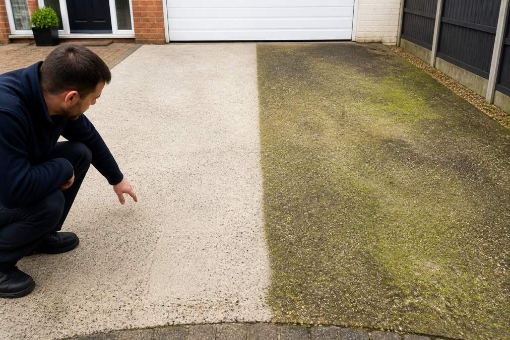 A homeowner inspecting a driveway section treated with soft washing showing visible algae and grime on an untreated adjacent section, demonstrating the contrast between low-pressure and neglected surfaces