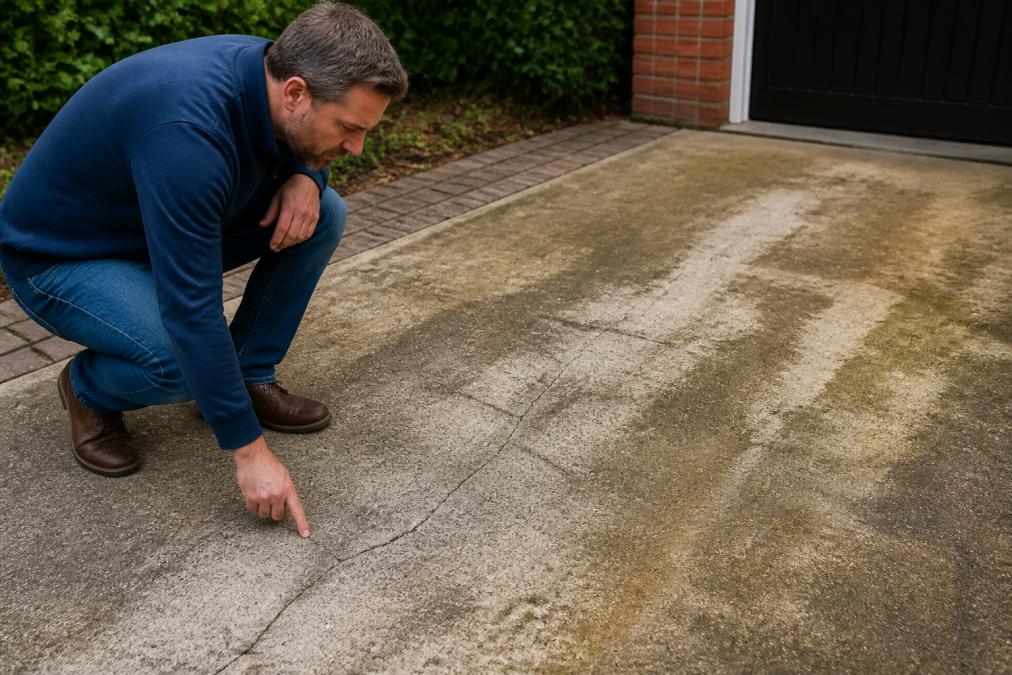 A homeowner examining damage to a driveway surface with visible cracks and discolouration, illustrating the risks of improper high-pressure cleaning methods