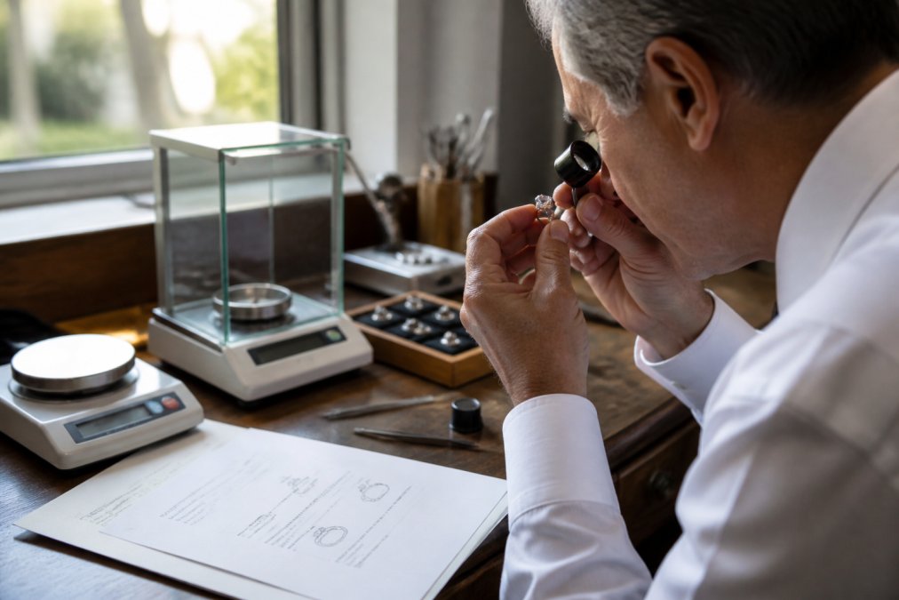 A professional gemmologist in a well-lit studio examining a diamond ring through a jeweller's loupe, with precision scales and appraisal documents on the bench