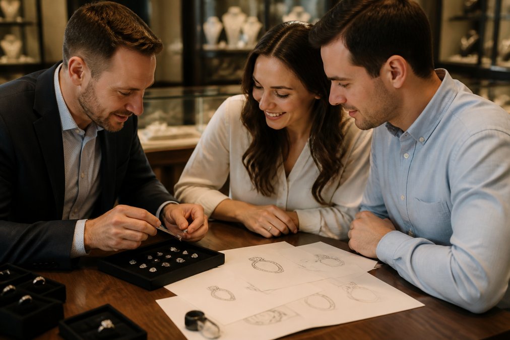 A jeweller and a couple reviewing loose diamonds and hand-drawn ring sketches at a consultation table under warm showroom lighting