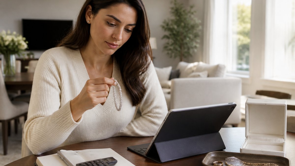 Woman examining a luxury lab diamond tennis bracelet while reviewing financing payment options on a tablet in a modern, well-lit home setting