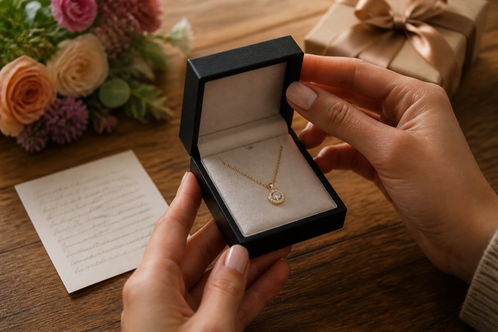 Close-up of a woman's hands opening a small jewelry box with a gold pendant necklace inside, soft natural light on a wooden table with a handwritten message card beside it