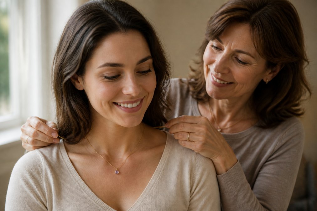 A mother's hands gently clasping a delicate gold chain necklace with a tiny birthstone pendant around her adult daughter's neck, both smiling softly in warm natural window light