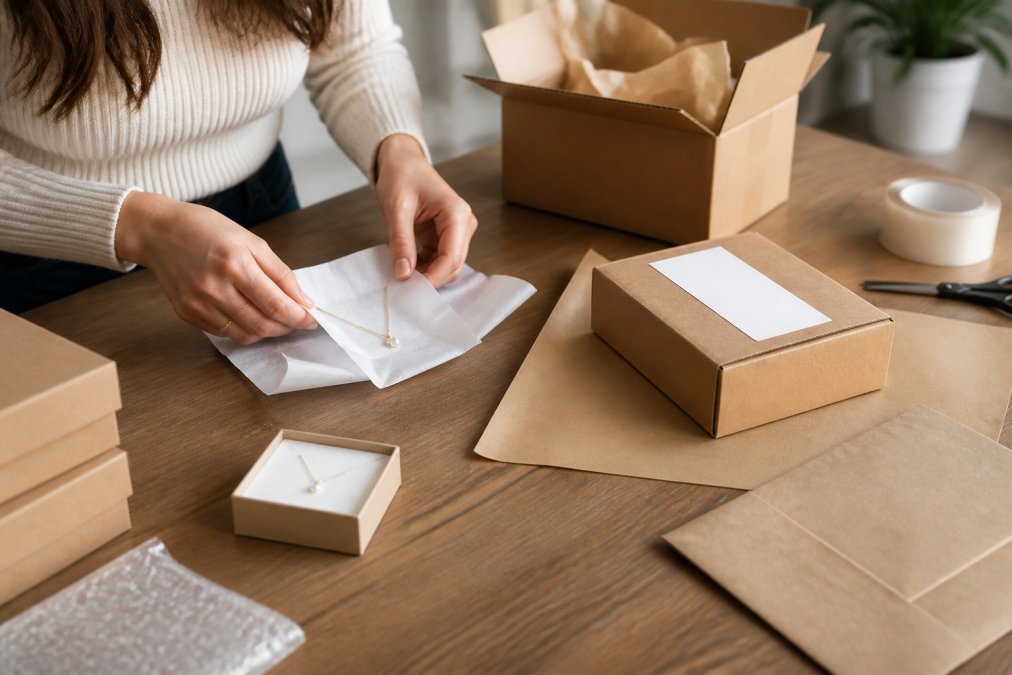 Person at a desk carefully wrapping a delicate necklace in protective tissue, placing it in a branded box with a printed shipping label, preparing the package for return shipment
