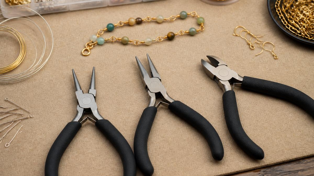 Overhead shot of a beginner's jewelry workspace with round-nose pliers, chain-nose pliers, and flush cutters resting on a mat beside loose jewelry wire and a half-finished beaded chain