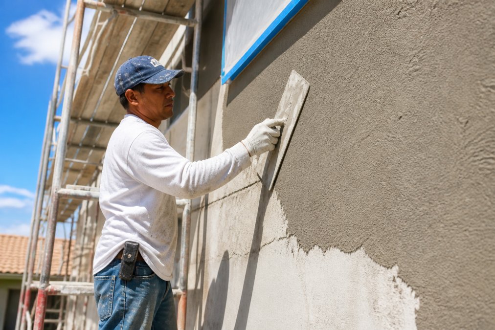 A construction worker applying fresh stucco to the exterior wall of a residential home using a steel trowel, with aluminum scaffolding visible in the background on a clear, sunny afternoon