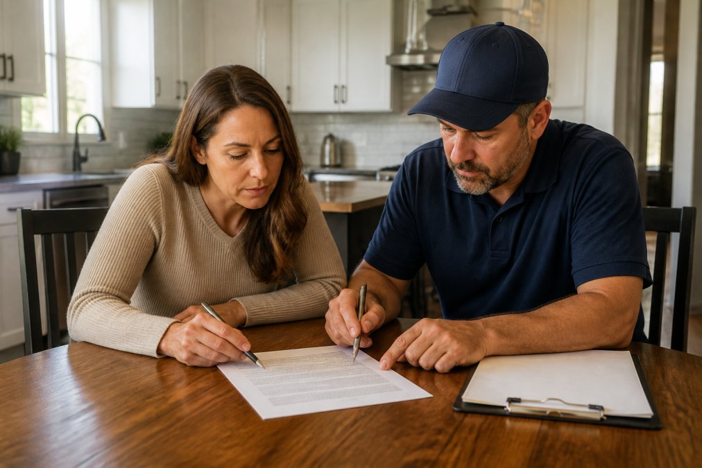 A homeowner and a contractor seated at a kitchen table reviewing a printed construction contract together, both leaning over the document with pens in hand and a clipboard resting beside them in warm indoor lighting