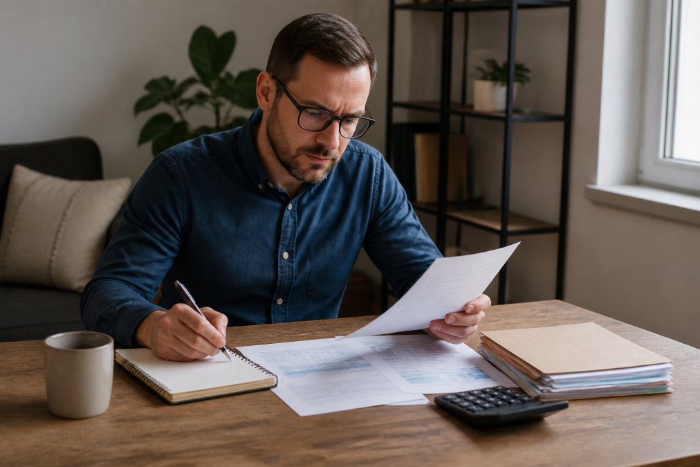 Small business owner at desk with laptop reviewing financial documents and tax strategy notes with coffee and notebook, natural office lighting