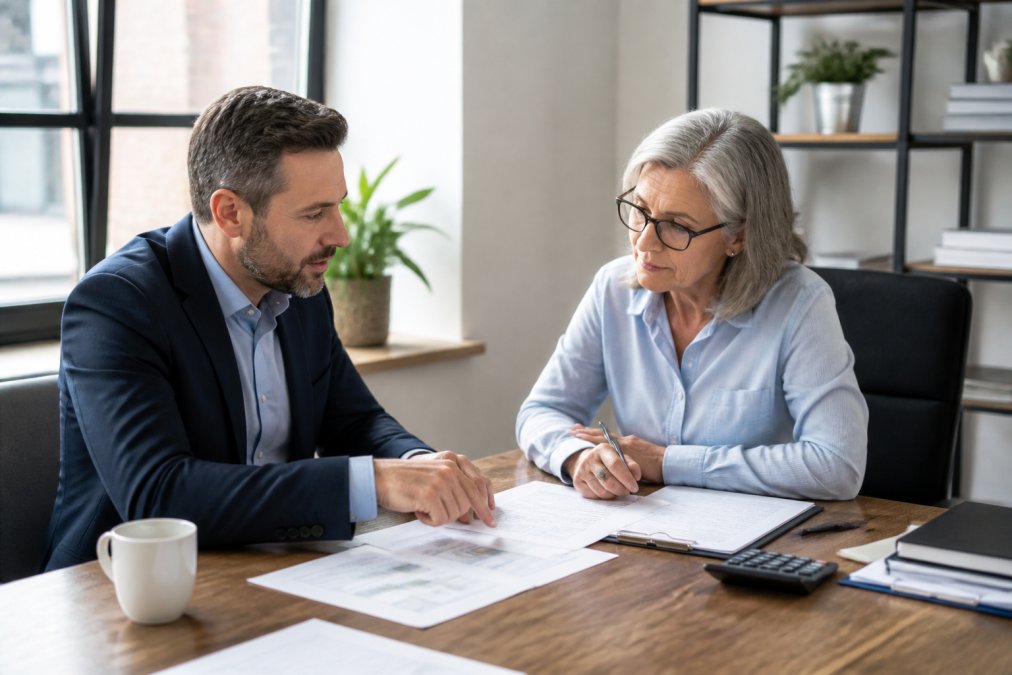 Business owner in professional office meeting with CPA advisor at desk, reviewing financial documents and strategy charts together, natural daylight through windows