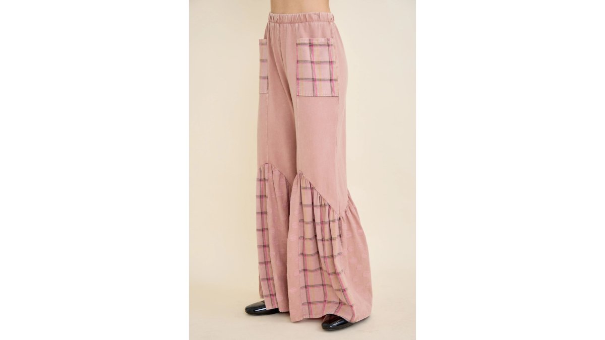 J.HER Mineral Wash Boho Pattern Patchwork Pants – Wide Leg Tiered Boho Bottoms