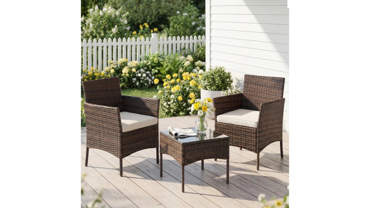JHK 3-Piece Outdoor Patio Set Wicker Rattan With Glass Table
