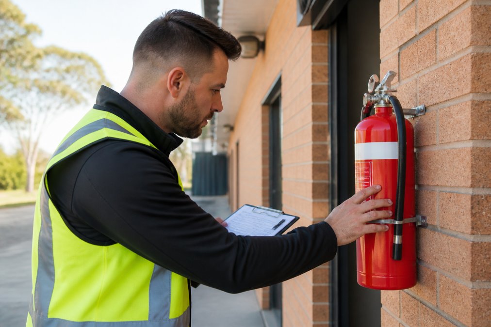 A licensed fire safety technician in a high-visibility vest closely inspecting a red fire extinguisher mounted on a brick commercial building exterior wall, holding a clipboard with a compliance checklist, under bright natural daylight