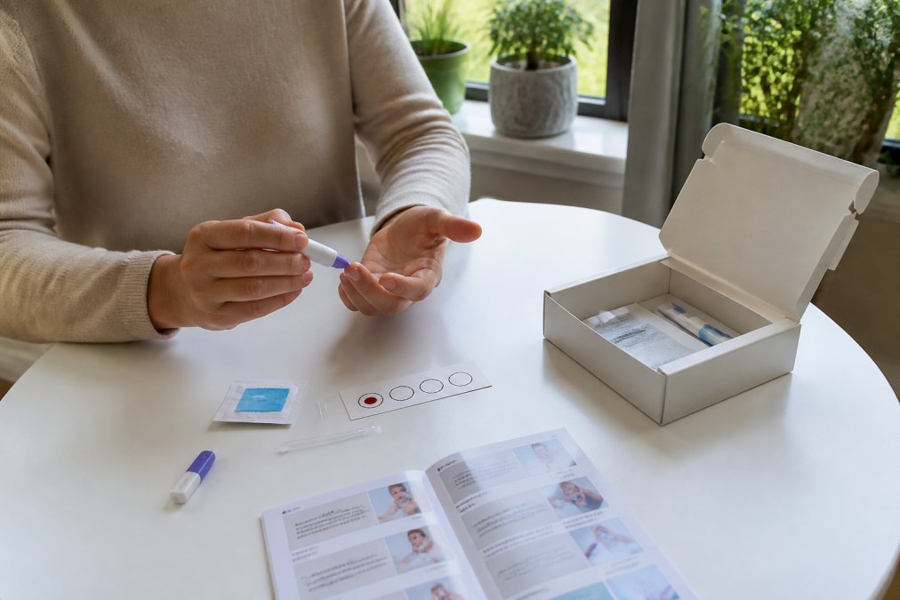 Person at home performing fingerprick blood collection onto dried blood spot card with test kit materials and instructions visible on clean white surface, natural daylight from window