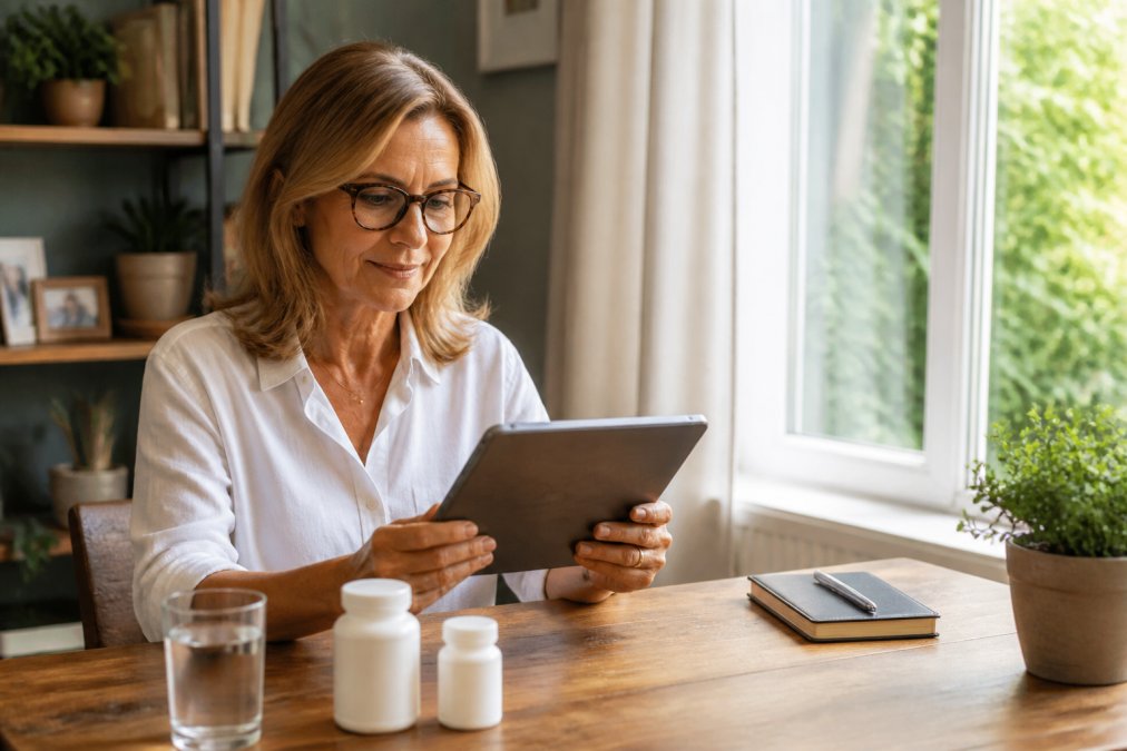 Active adult woman in her 50s reviewing personalised health report on tablet device while sitting at home desk, with supplement bottles and a glass of water nearby, natural morning light from window