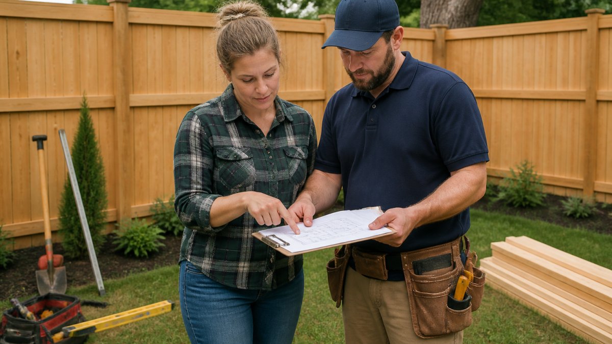 A homeowner and a fencing contractor in work clothes reviewing a clipboard with fence plans in a residential backyard, with a wooden fence and tools visible in the background