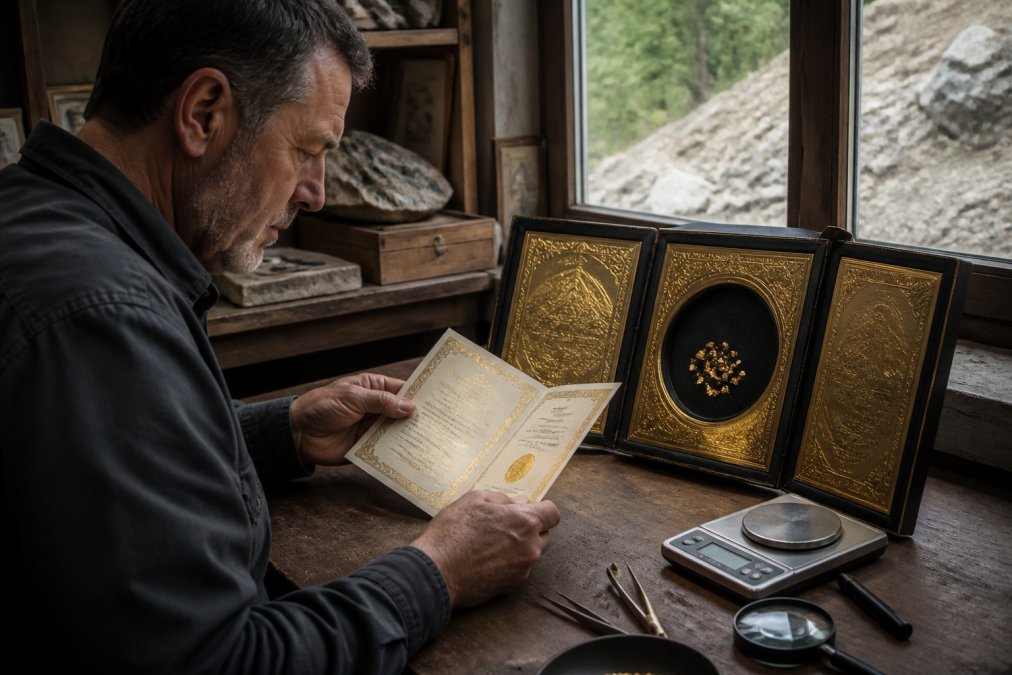 A collector examining a handcrafted tri-fold gold display case with embossed gold detailing, holding an official Certificate of Authenticity document next to raw gold flakes, studying verification details under natural light
