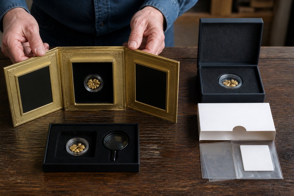 A collector's hands carefully placing a handcrafted tri-fold gold display case with embossed detailing next to standard bullion packaging, comparing the presentation and documentation side by side in natural light