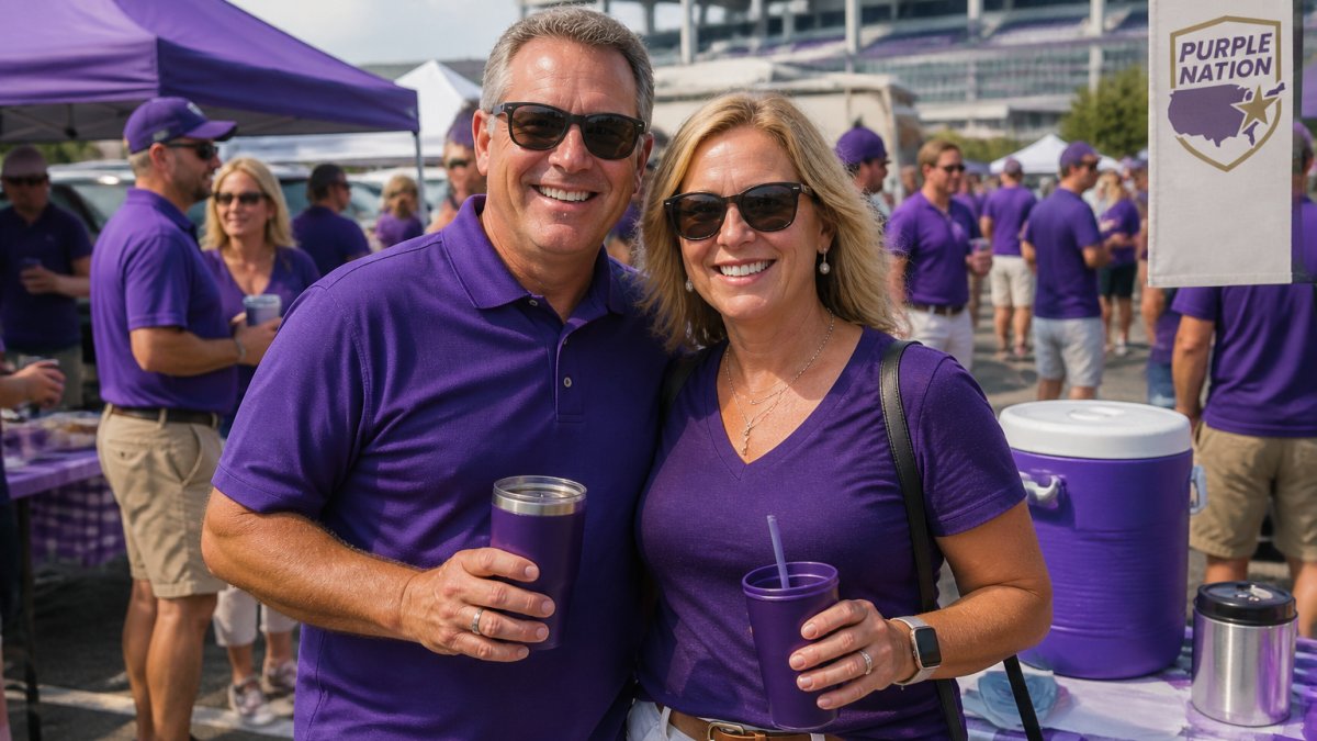 Parents wearing JMU purple apparel and holding drinks while standing in a stadium parking lot on a bright game day, smiling with other tailgaters visible in the background