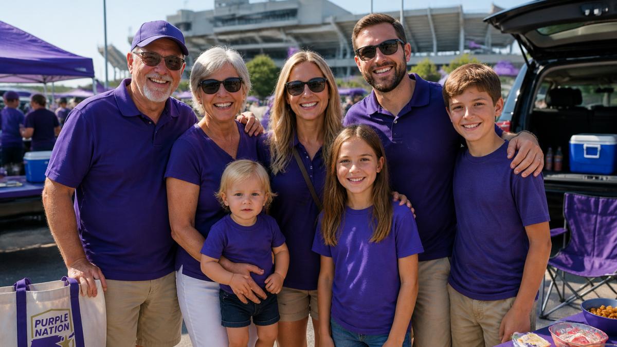 Multi-generational family wearing coordinated purple and gold JMU apparel, smiling together at a tailgate with stadium visible in background and sunny weather