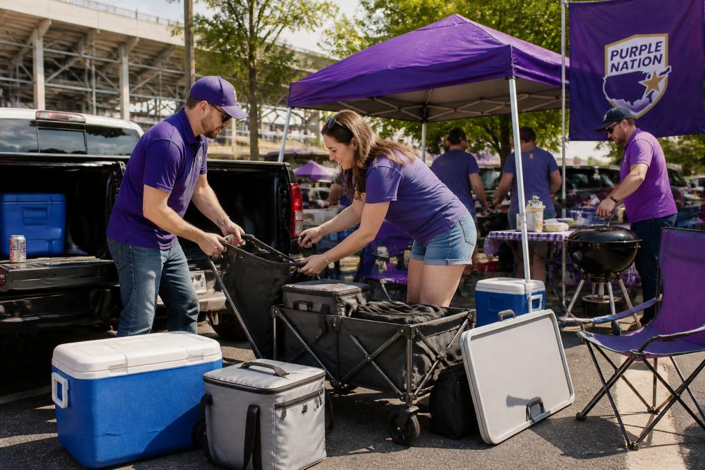 Vibrant tailgate scene at a college football stadium with purple team colors, fans gathered around a portable grill and coolers, decorated tent setup with team banners and purple spirit wear visible