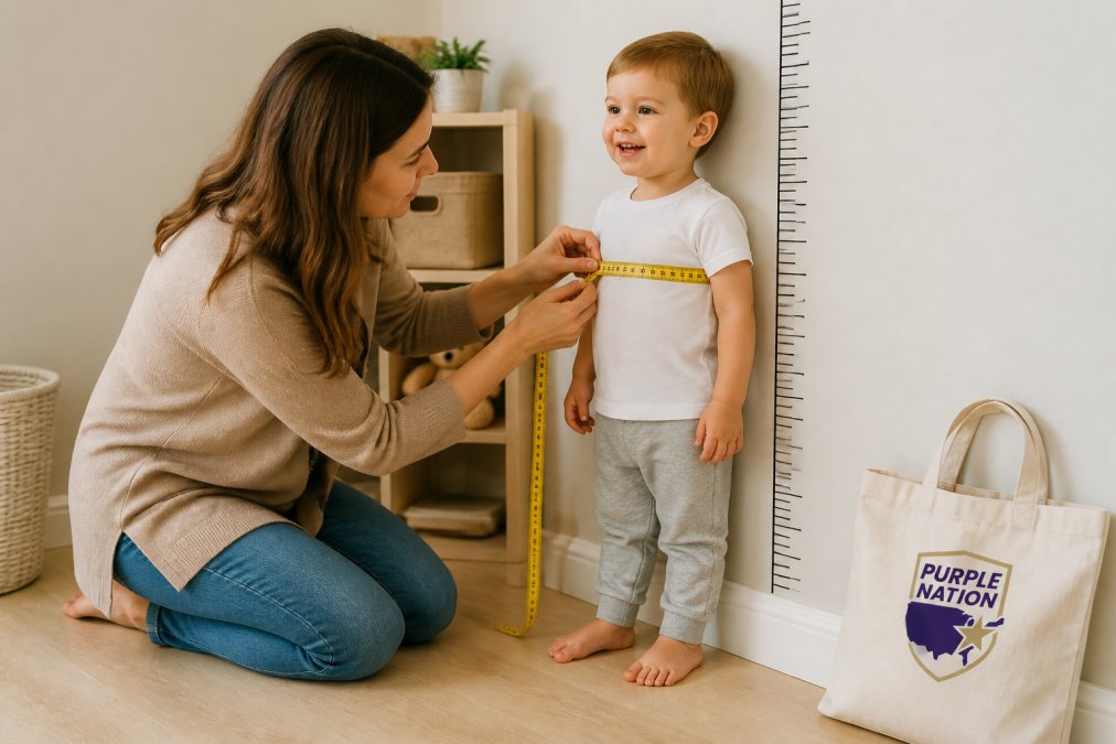 A parent kneeling on a light wood floor, gently holding a yellow measuring tape around a smiling toddler's chest while the child stands against a wall with height markings