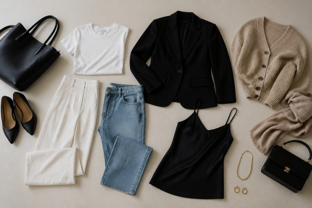 Flat lay of coordinated boutique pieces including white tee, black blazer, denim, neutral cardigan, and statement pieces arranged to show multiple styling combinations on neutral surface