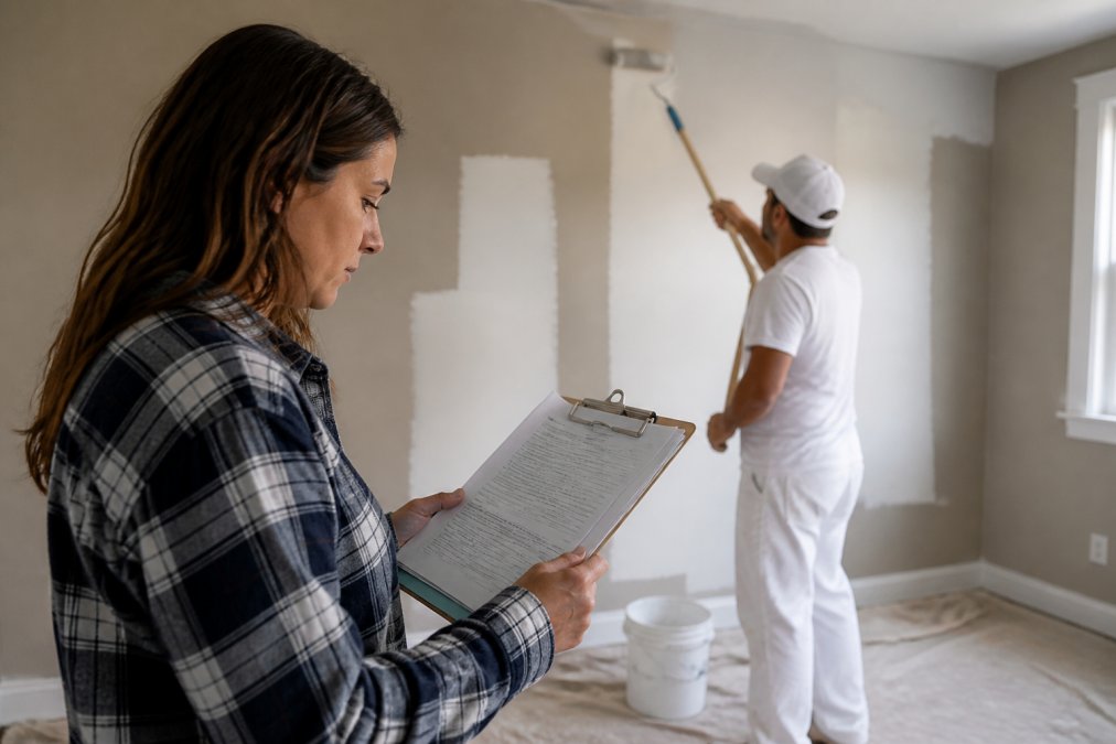 Homeowner reviewing contractor's license and insurance certificate on clipboard while standing in front of interior wall with primer application