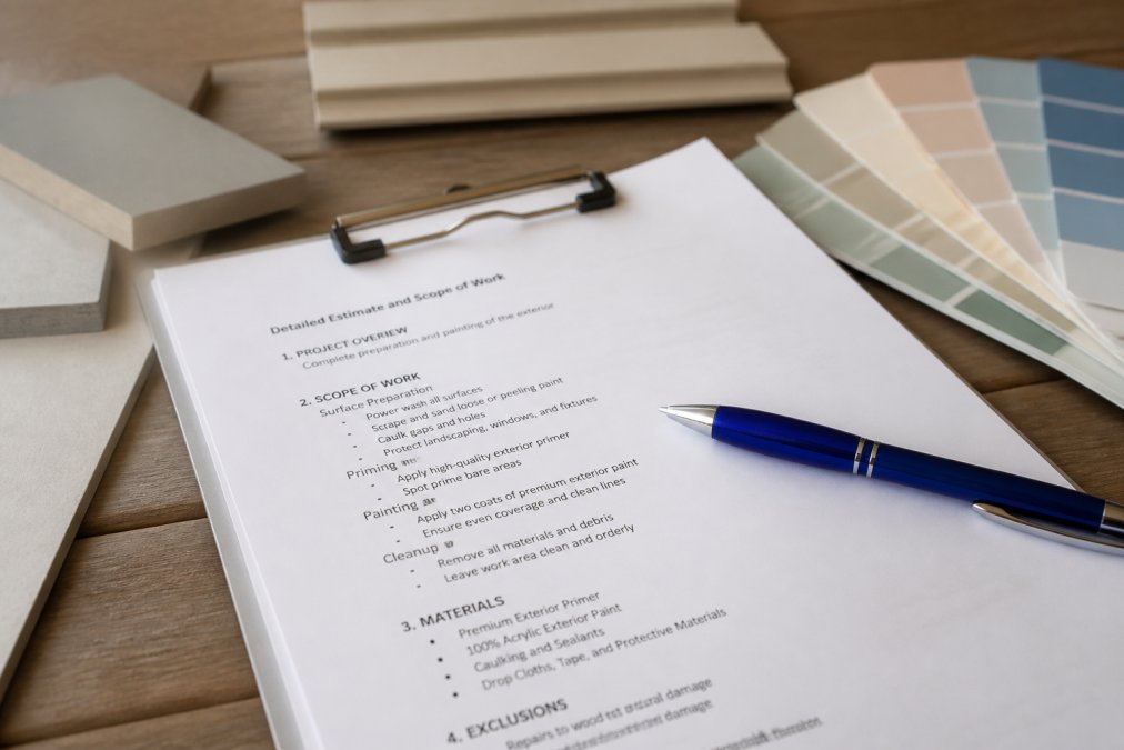 Close-up of professional painter's detailed written estimate and scope of work document on table with pen, color swatches, and material samples nearby