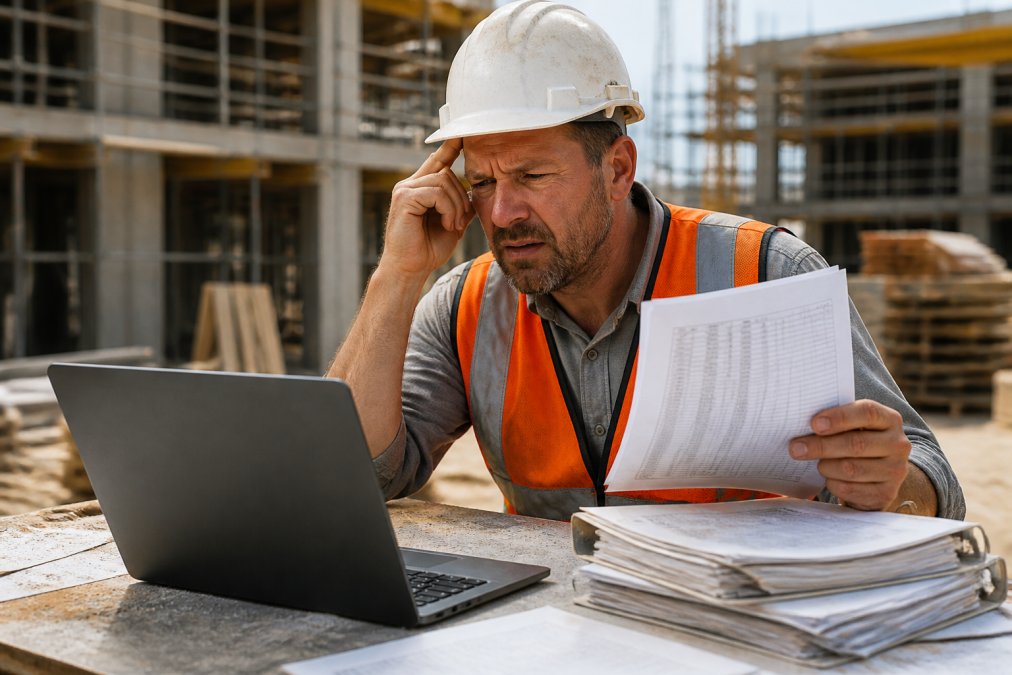 Construction foreman reviewing spreadsheet data on laptop at job site, squinting at screen with visible frustration while holding printed cost reports