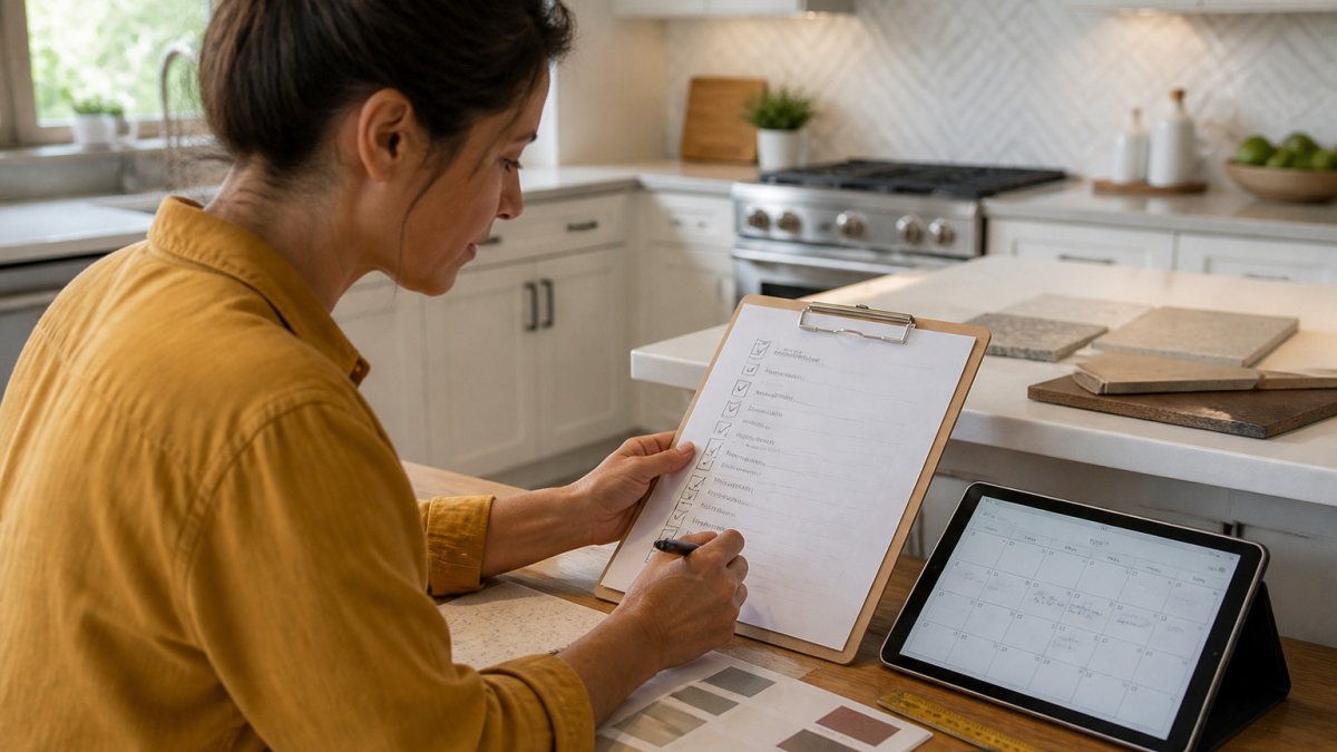 Homeowner reviewing a renovation checklist and digital calendar for effective job planning in a bright kitchen.
