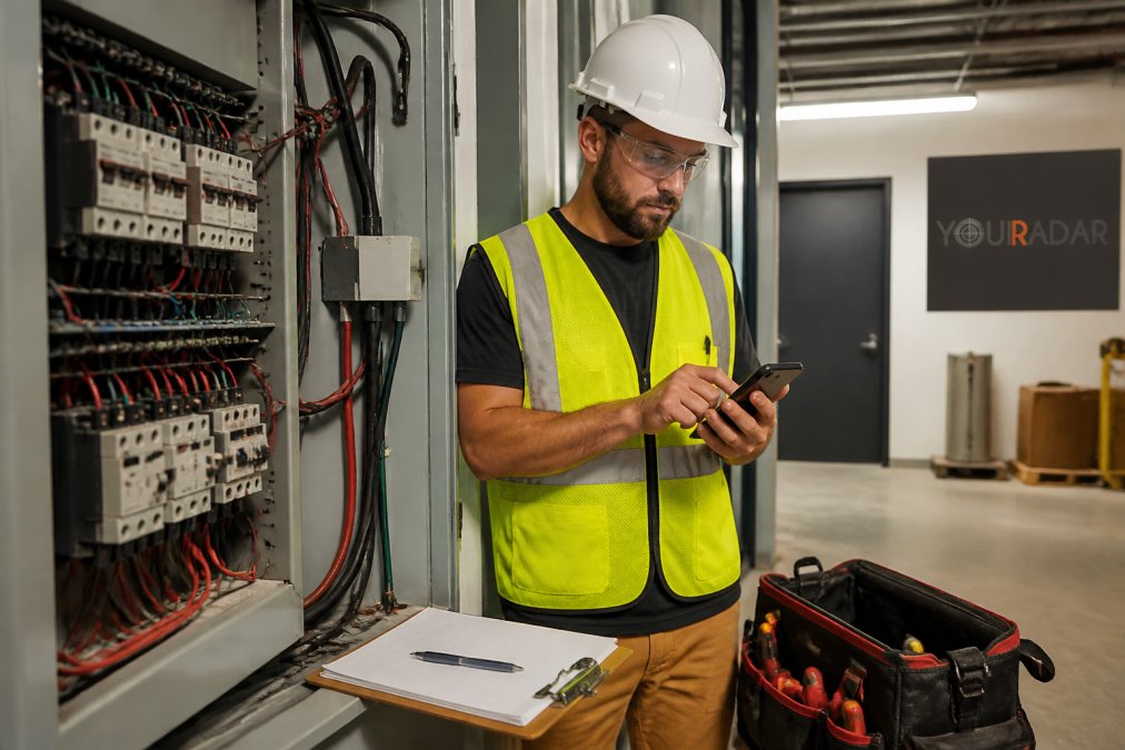 Electrician using a mobile app as a jobber alternative while working on a commercial electrical panel