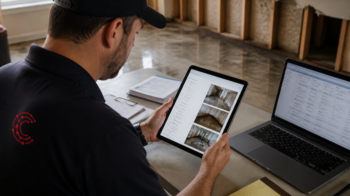 Restoration contractor reviewing claim photos on a tablet to improve restoration job cost management at a water-damaged site.