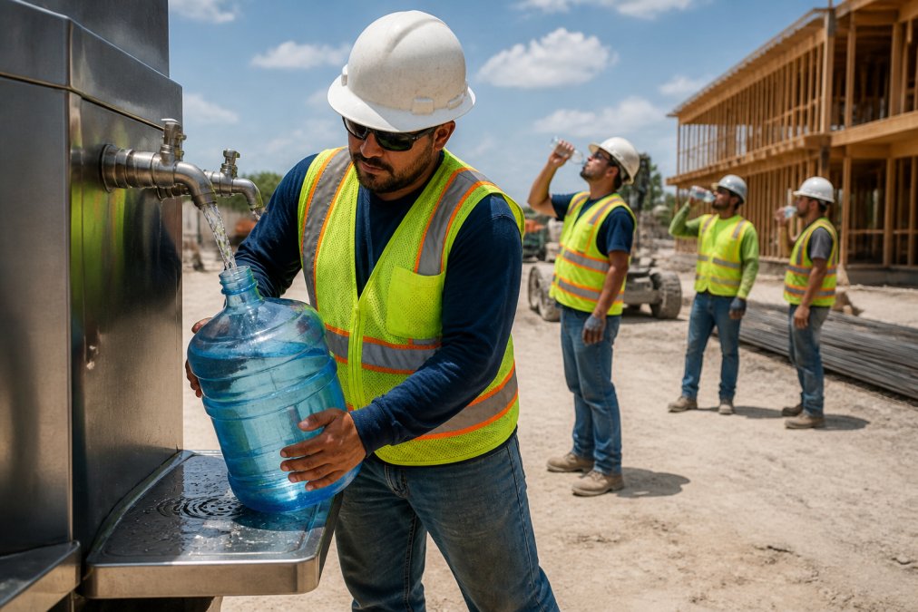 Construction manager filling containers at a Jobes Alkaline Water vs Culligan bulk station on a hot job site.