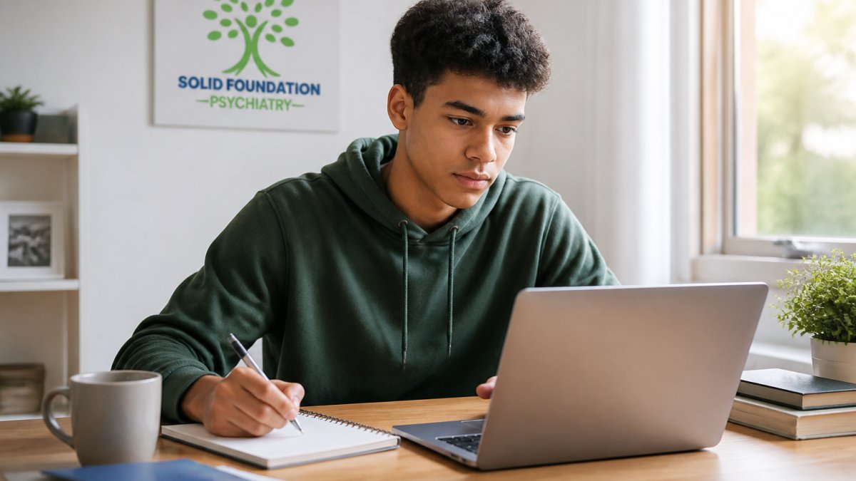 Young adult reviewing job application on laptop at home with notebook and pen nearby, looking focused and confident