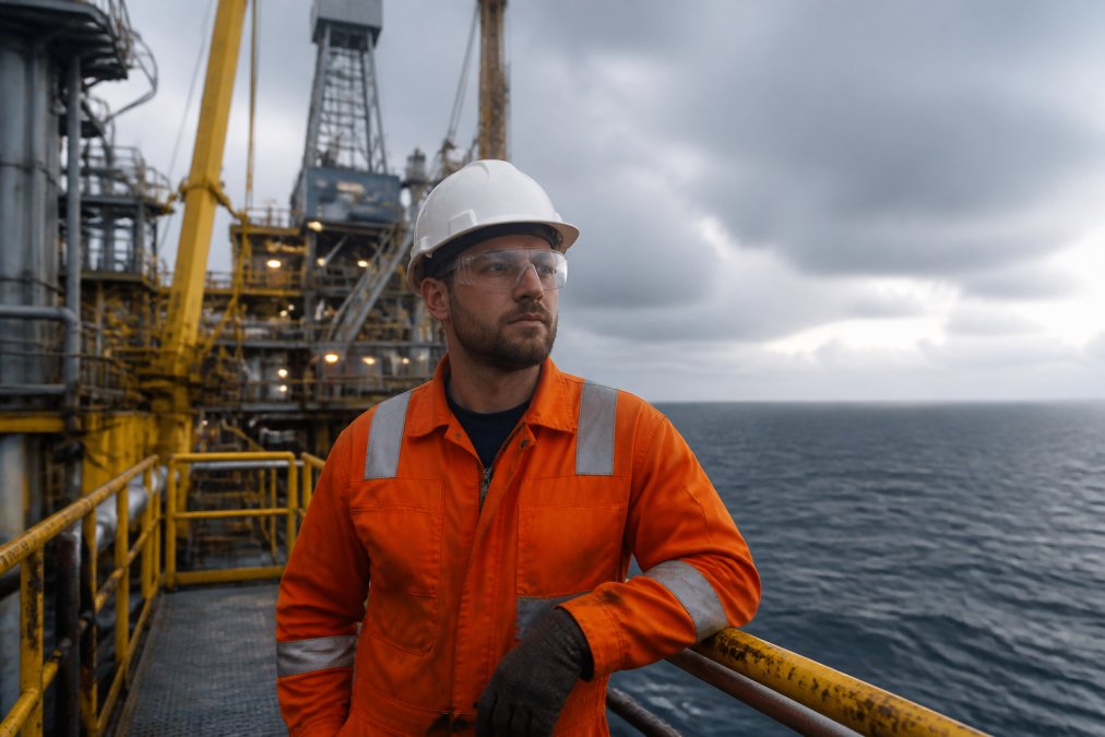 A worker in a hard hat and high-visibility coveralls standing on an offshore oil rig platform, industrial cranes and pipework visible behind them, grey North Sea sky and open water in the background