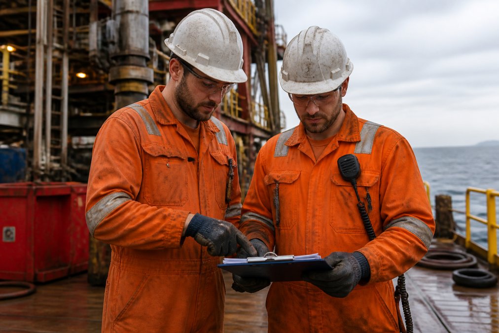 Two offshore workers in full PPE including hard hats, fire-resistant orange overalls and safety gloves, reviewing a clipboard together on a rig deck in overcast daylight