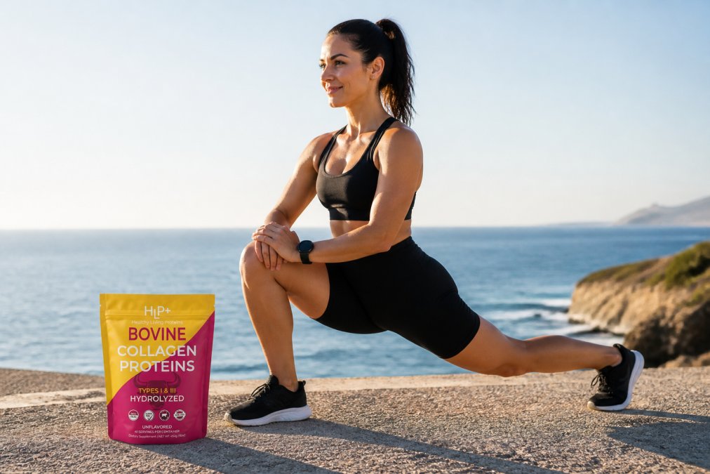 Active adult performing a deep lunge stretch in bright natural daylight, demonstrating full joint mobility and flexibility with relaxed, confident posture