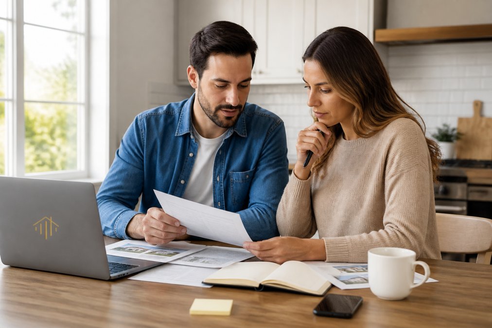 Young professional couple sitting at kitchen table with laptop, reviewing home buying notes and comparing different real estate service options, natural daylight from window, papers and coffee cup on table, both examining information carefully