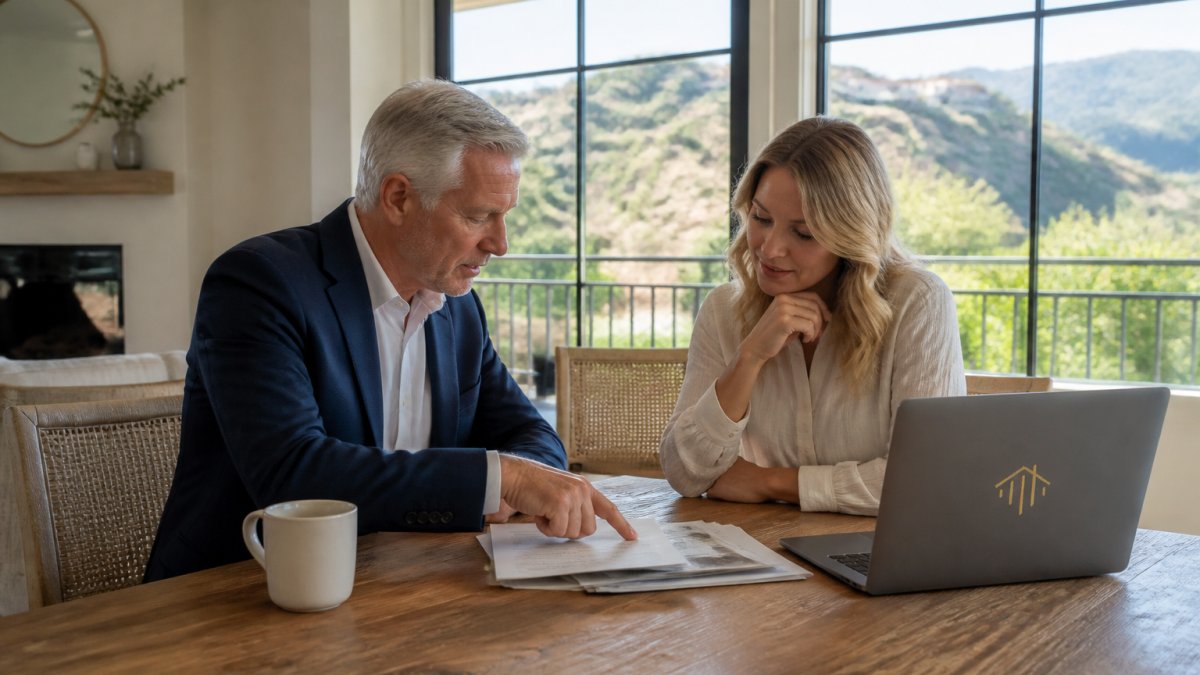A real estate agent and a homeowner reviewing property documents at a dining table with a laptop and coffee, in a bright Ventura County home with large windows overlooking a hillside