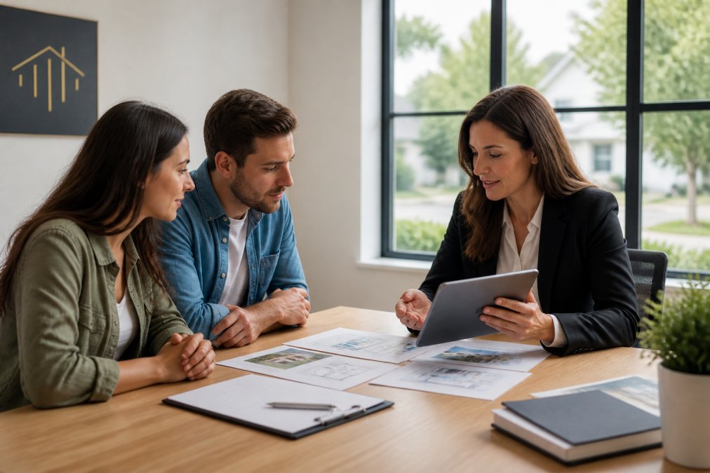 Professional real estate agent meeting with a young couple in a bright, modern office, reviewing property documents and discussing neighborhood market data on a tablet