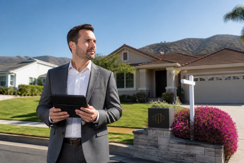 Real estate professional standing in front of a residential property in a suburban Ventura County neighborhood, holding a tablet displaying market data and property comparisons
