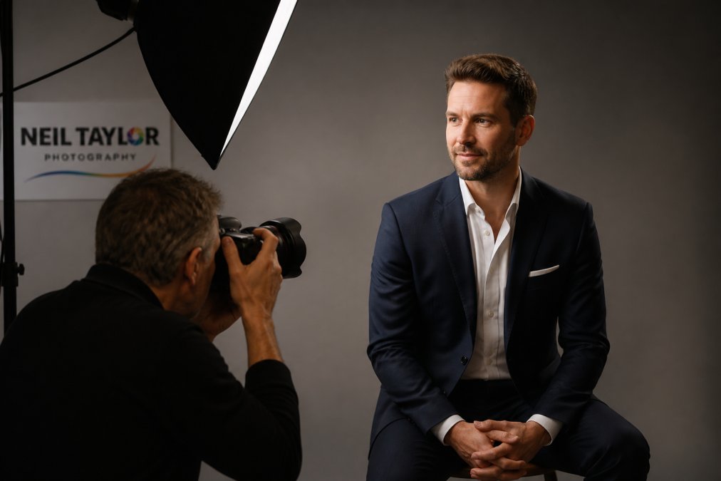 Professional business executive in modern studio setting with neutral grey backdrop, softbox lighting creating defined cheekbones and eyes, polished appearance during headshot session