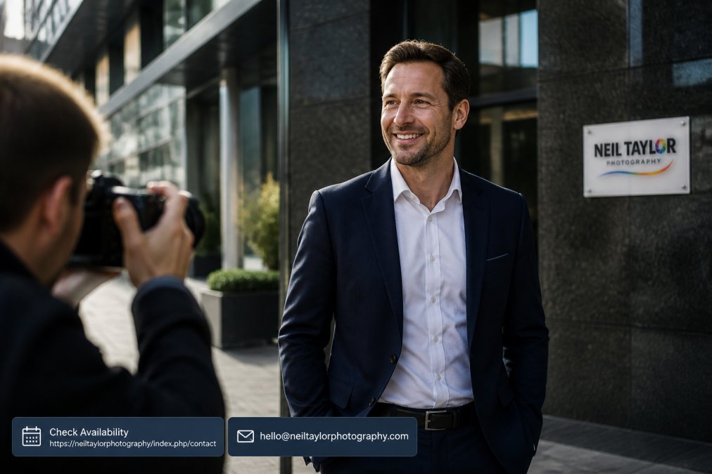 Confident business professional in navy blazer and white shirt during on-location portrait session in natural afternoon light, relaxed posture with authentic expression against modern office building backdrop