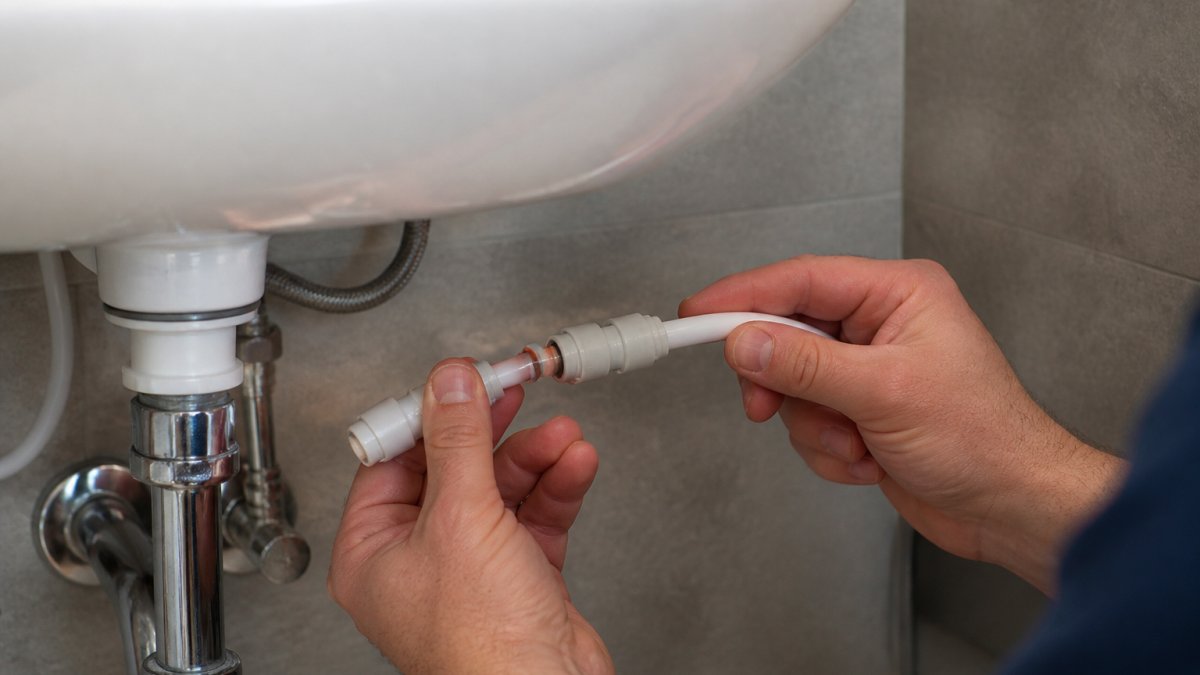 Professional maintenance technician's hands inserting a John Guest push-fit fitting into tubing on a bathroom sink installation, showing proper hand positioning and tubing alignment