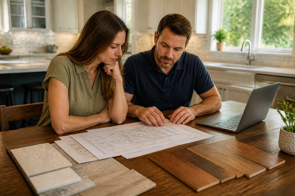 A homeowner couple reviewing blueprints and a laptop at a kitchen table with tile and wood flooring samples spread nearby, warm afternoon light through the window
