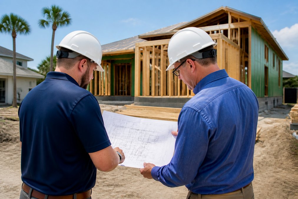 Two construction professionals in hard hats reviewing blueprints together at a residential build site in Florida, with a partially completed custom home frame visible in the background