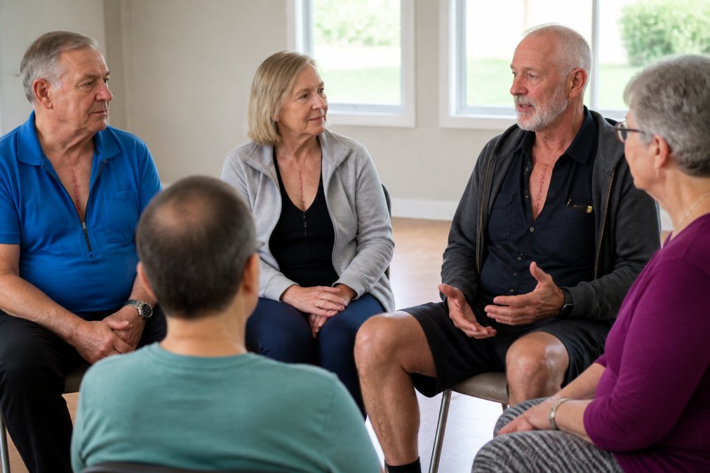 A supportive group of adults discussing heart surgery recovery in a bright community room circle.