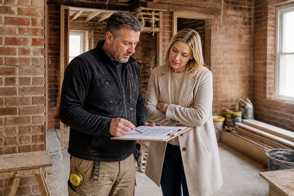 Professional builder and homeowner reviewing joinery specifications and installation timeline on a clipboard at a renovation site with exposed brick walls and construction materials